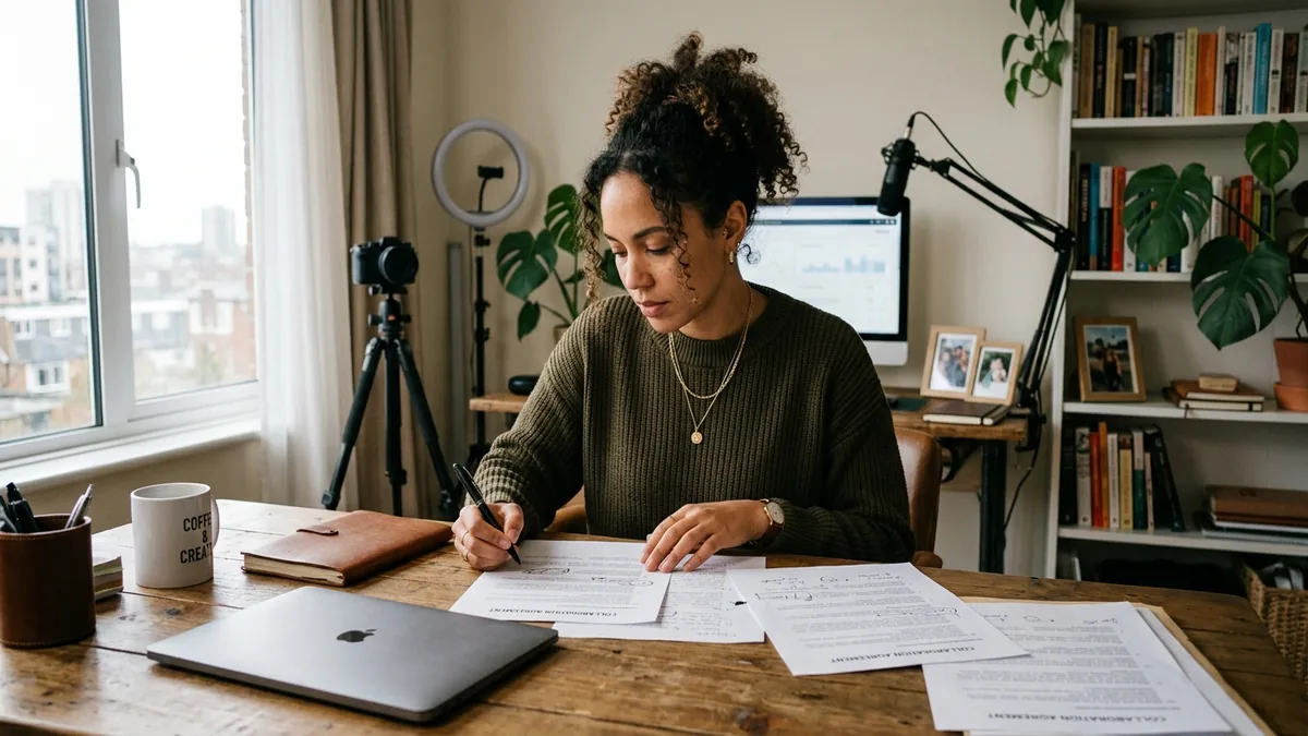 Independent adult creator reviewing a collaboration agreement and usage-rights notes at an organized desk