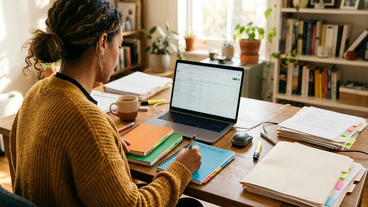 Independent adult creator organizing sponsorship deliverables and follow-up tasks with color-coded notebooks and a laptop