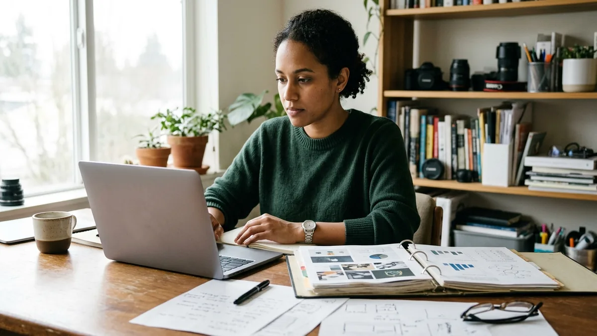 Independent adult creator researching a potential brand partnership with a laptop and carefully arranged creator portfolio materials