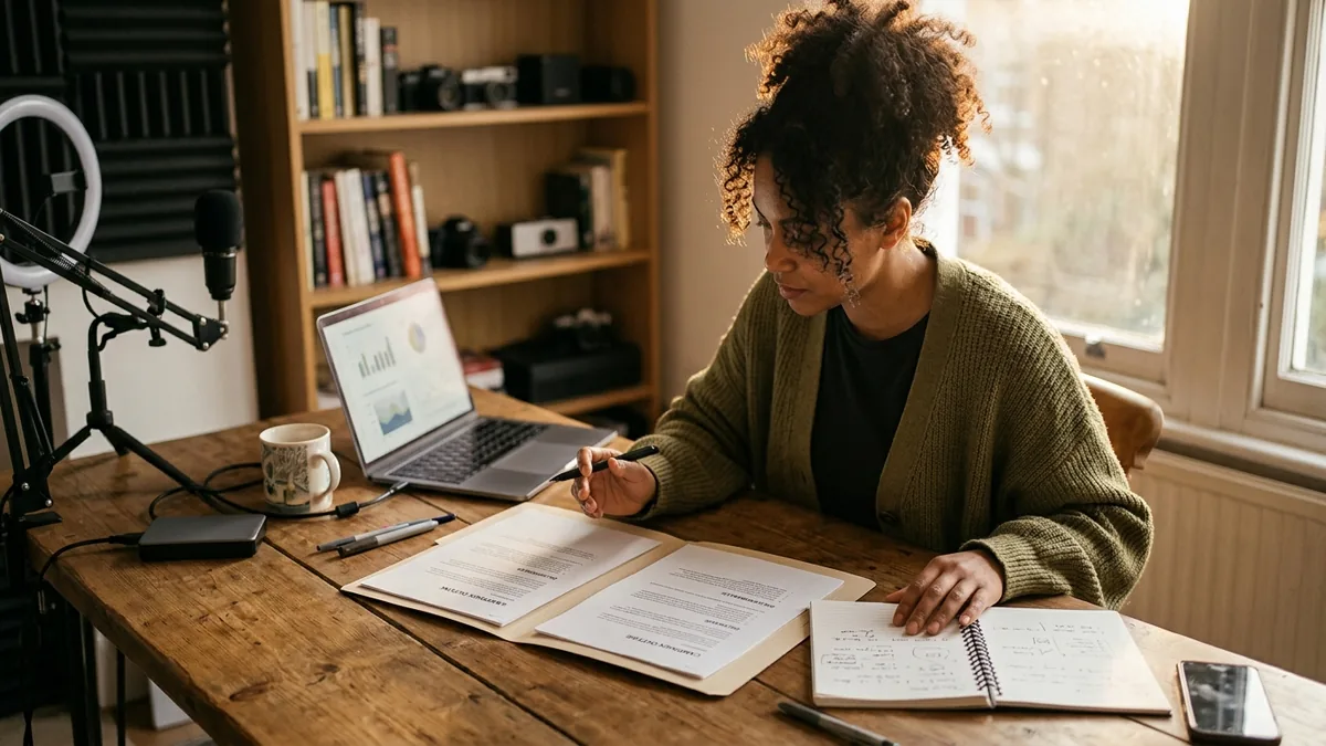 Independent adult creator comparing two sponsorship opportunities with two neutral folders and a notebook on a worktable