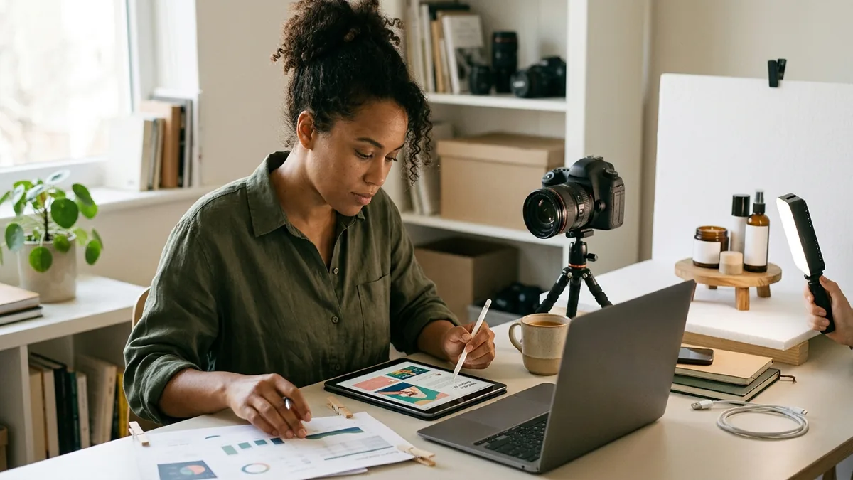 Independent adult creator curating a creator media kit beside a camera and sample product photography setup