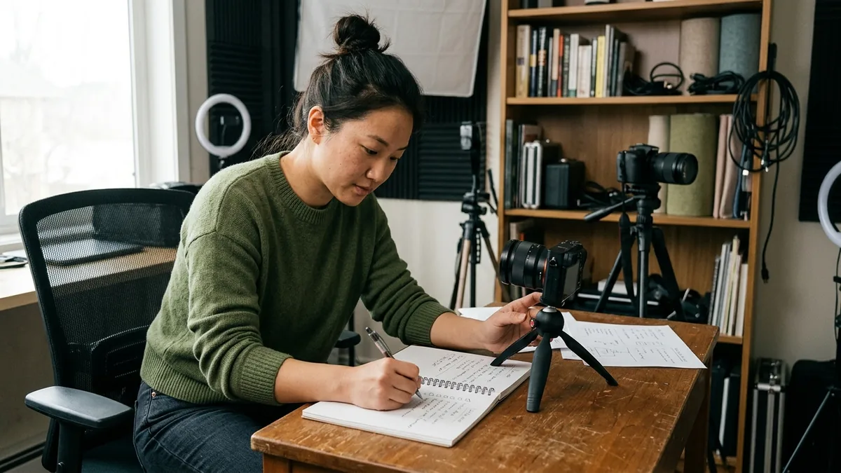 Independent adult creator planning a home-studio production schedule with a camera, tripod, and handwritten checklist