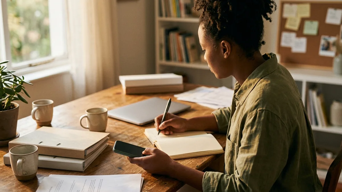 Independent adult creator preparing for a brand-deal negotiation with a notebook, phone, and unbranded workspace