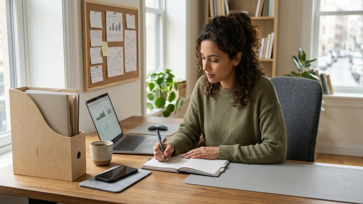 Independent adult creator tracking campaign milestones at a calm desk with neutral planning materials