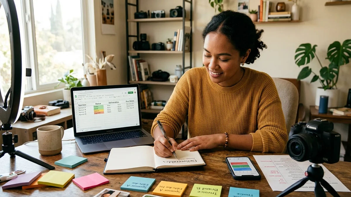 Independent creator working through organize sponsorship deliverables, follow-ups, and payments