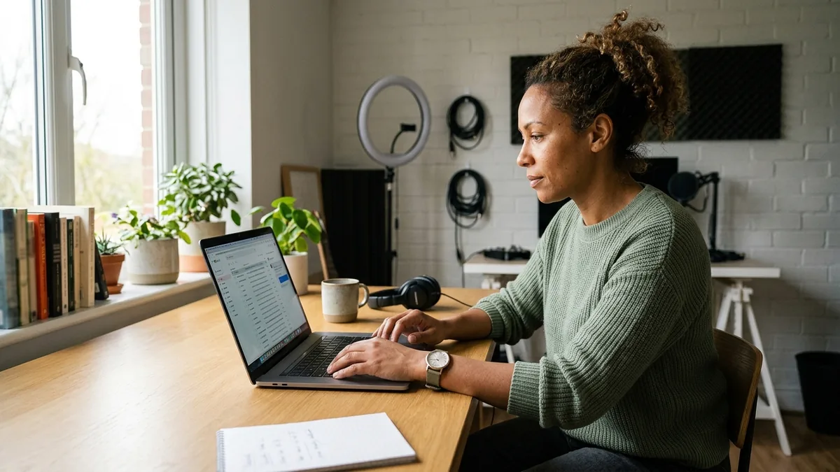 Independent adult creator reviewing sponsorship emails and direct-message inquiries on a laptop at a bright home-studio desk
