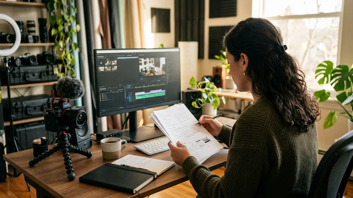 Independent adult creator reviewing a campaign brief with a camera, notebook, and neutral production equipment nearby