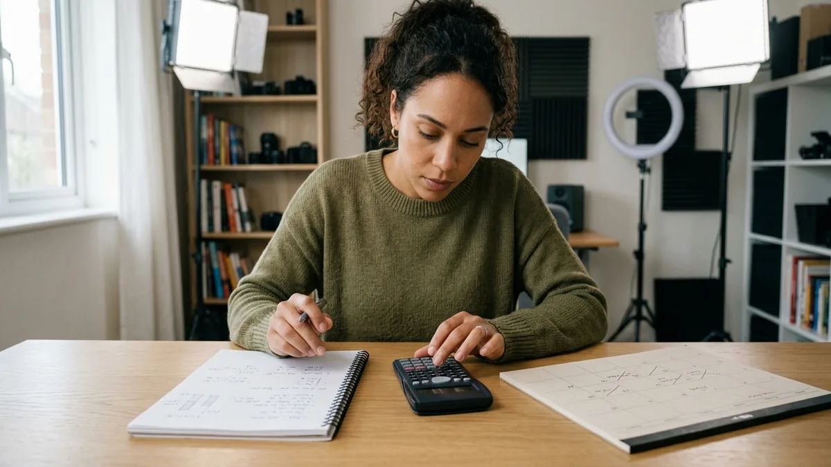 Independent adult creator planning sponsorship rates with a calculator, notebook, and a clean desk calendar