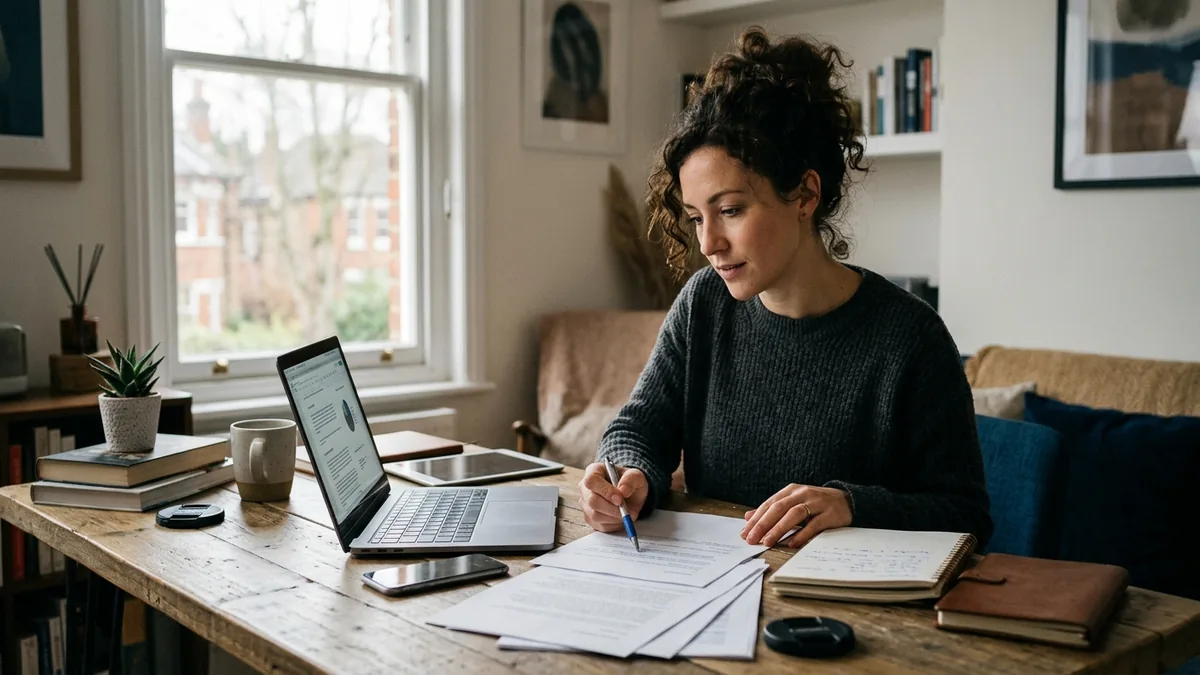 Independent adult creator reviewing a collaboration agreement and usage-rights notes at an organized desk